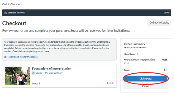Image shows Cart and indicates seats are reserved for 10 minutes and user should finish process by clicking 'Claim Seats'