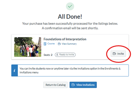 Image shows completed purchase process and lets purchasers know they can invite users to seats with 'Invite' button.